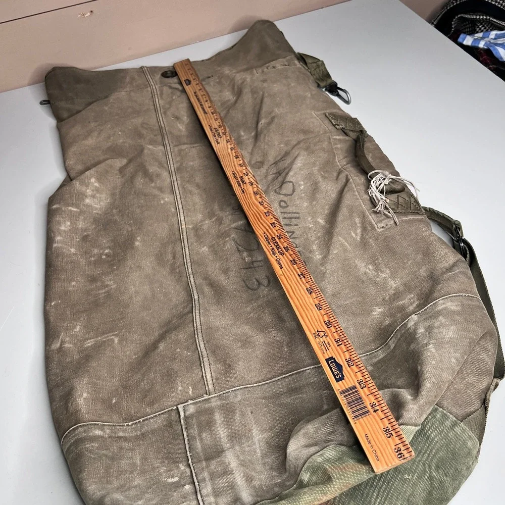 Vintage Military Canvas Duffle Bag Backpack Olive Drab Sea Bag Dollinger ID
